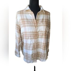 American Eagle Relaxed Fit Flannel Shirt Men's Women's Size S Brown Cream Plaid
